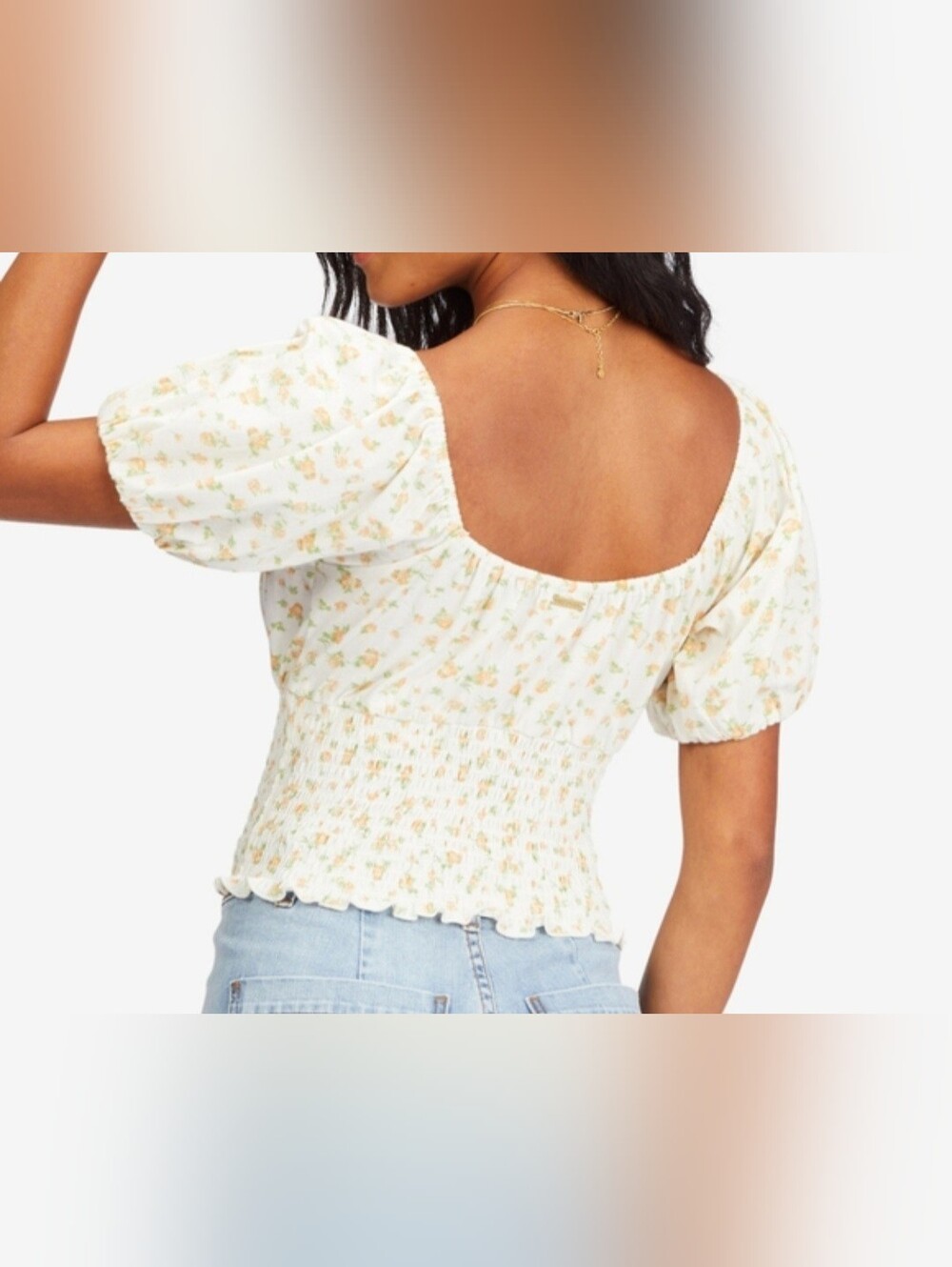 Billabong Get Along 100% Cotton Floral Smocked Puff-Sleeve Crop Top Size Large - Picture 2 of 11